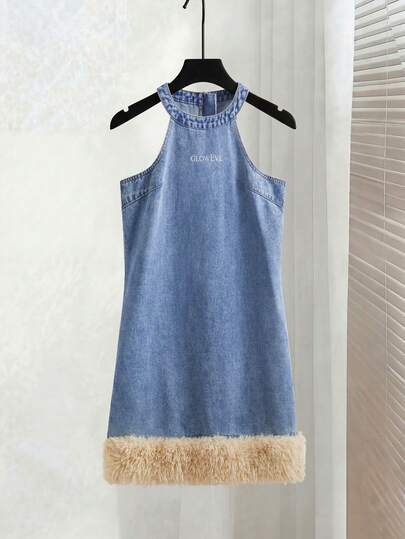 GlowEve Women's Letter Embroidery Patchwork Furry Hem Fashionable Halter Denim Dress