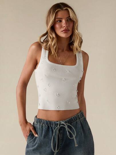 SHEIN BAE Blusa de punto con cuello cuadrado y colgante de cristal para mujer