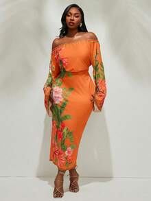 Radiana Đầm trễ vai in hoa dành cho nữ cỡ lớn, thích hợp cho kỳ nghỉ. - trái cam - Xem 1