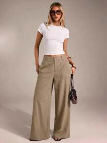 SHEIN Tall CURVE 大码女式纯色口袋阔腿宽松休闲裤 - 杏色 - 查看 2