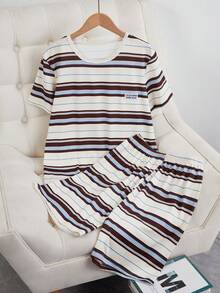 青少年男孩条纹印花短袖短裤休闲家居服两件套 - 彩色 - 查看 3