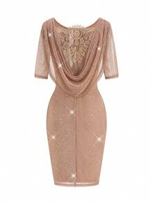 Ellevyn 女士魅力性感派对宴会浪漫优雅金属丝露背撞色蕾丝紧身连衣裙 - 香檳色 - 查看 2