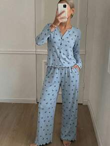 DAZY 2pcs Women Knitted Allover Bow Print Pajama Set, Fall & Winter Clothes - Blue - View 3