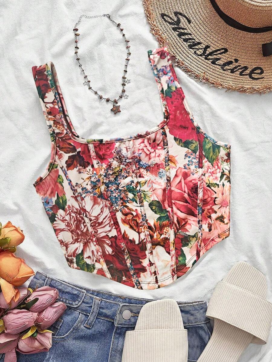 SHEIN VCAY Áo nữ cỡ lớn in họa tiết hoa, thời trang, đa năng, kiểu dáng thường ngày. - Hồng - Xem 1