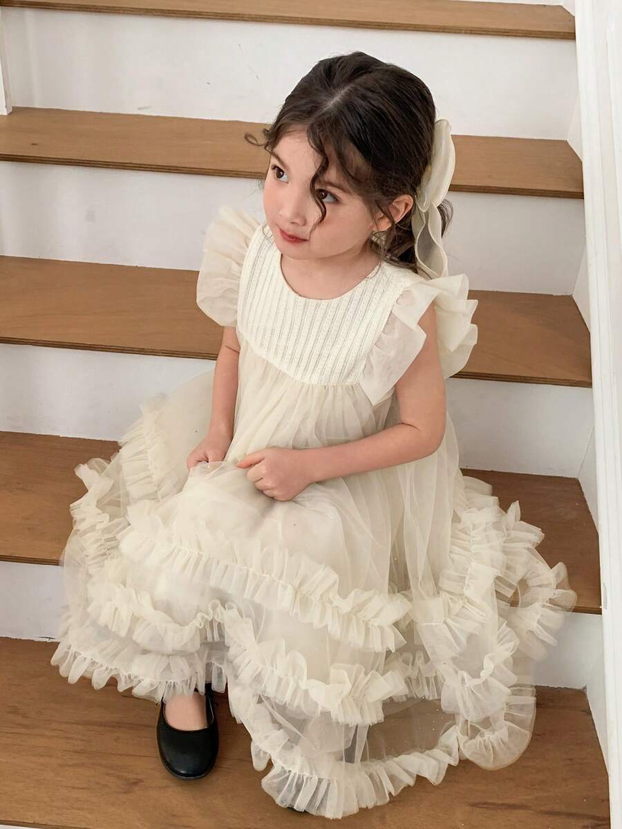 DAZY Young Girls Round Neck Mesh Dress, Fall Outfit - Apricot - View 1