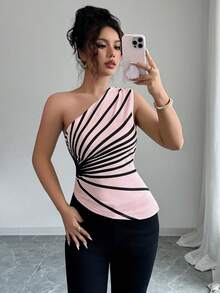 Elenzga Blusa de punto con estampado de rayas y hombro asimétrico para mujer, nueva para el verano - Rosa Pálido - Ver 6
