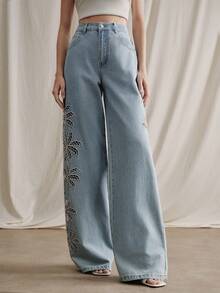 Anewsta Quần jeans nữ ống đứng màu xanh dương sang trọng, gợi cảm, khoét lỗ, thêu họa tiết, thích hợp cho tiệc tùng, du lịch, mùa xuân/hè. - Màu xanh lam - Xem 7