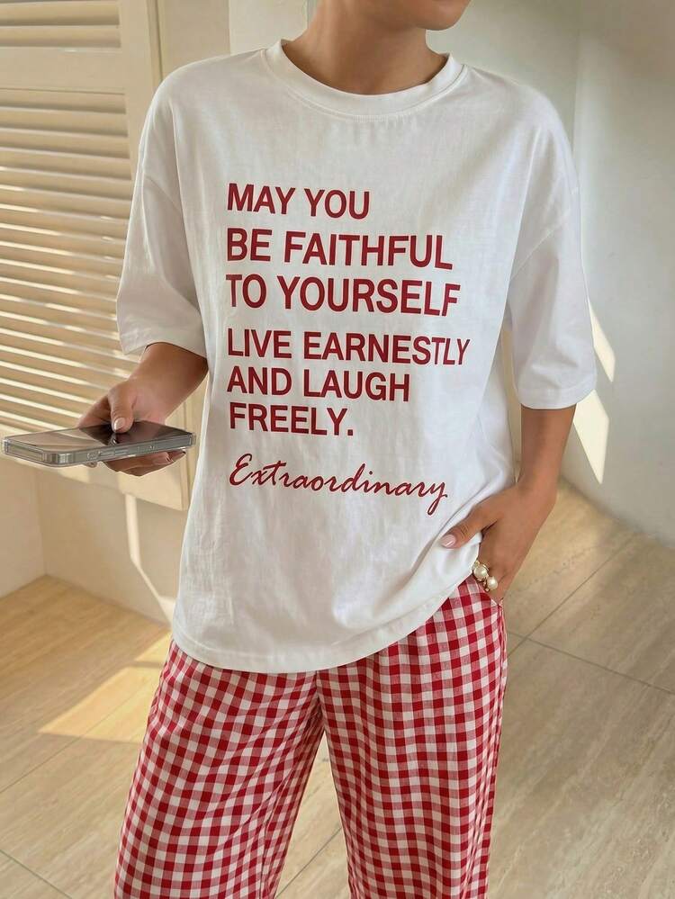 Tall Women's Loose Fit Printed Short Sleeve Top And Plaid Long Pants 2 Pieces Casual Set