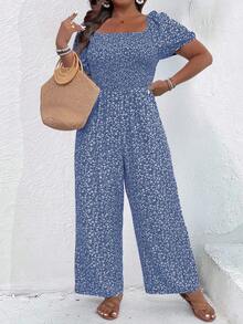 SHEIN Clasi Plus Size Ditsy Floral Square Neck Short Sleeve Jumpsuit - Blue - View 7