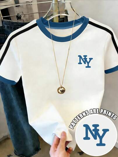 Resyla 女士休闲T恤 - 撞色T恤，纽约印花图案，轻薄夏季上衣，适合日常穿着