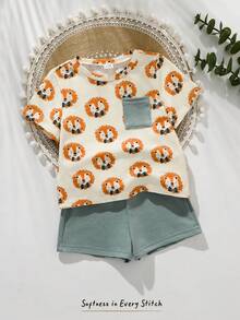 SHEIN Baby Boy Casual Cartoon Print T-Shirt And Shorts Set, Summer - Multicolor - View 1