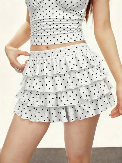Rina Fox Chân váy xếp lớp họa tiết chấm bi dành cho nữ, kiểu dáng thường ngày.