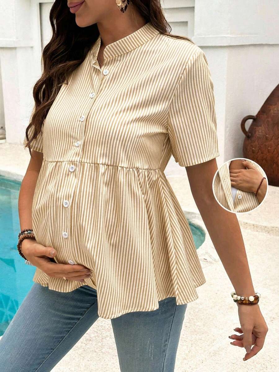 SHEIN 女款條紋寬鬆哺乳孕婦上衣,附鬆緊腰帶,休閒風格 - 黃色 - 查看 1
