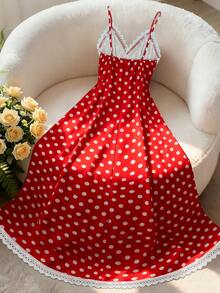 Franclia Đầm ôm sát nữ mùa xuân/hè mới, chấm bi đỏ, viền ren, có phần eo thắt, thích hợp cho các dịp thường ngày, đi làm, du lịch, nghỉ lễ, hẹn hò, tiệc trà chiều, tiệc tùng, chiều dài ngang gối. - Nhiều màu - Xem 2