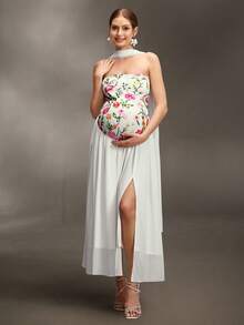 Cheriluna Maternity 孕妇抹胸长款网纱刺绣缎带修身连衣裙，适合孕期摄影 - 白色 - 查看 1