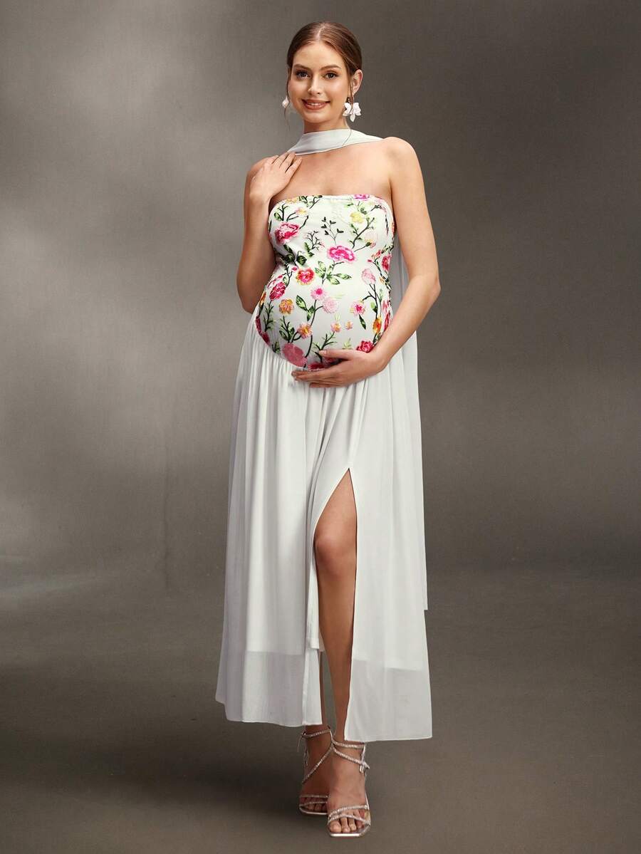 Cheriluna Maternity 孕妇抹胸长款网纱刺绣缎带修身连衣裙，适合孕期摄影 - 白色 - 查看 1