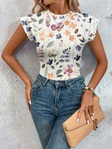 SHEIN LUNE 女士休闲花卉叶子印花连体衣，适合春夏、度假、海滩，优雅浪漫，时尚别致，适合派对、婚礼等场合。 - 彩色 - 查看 5