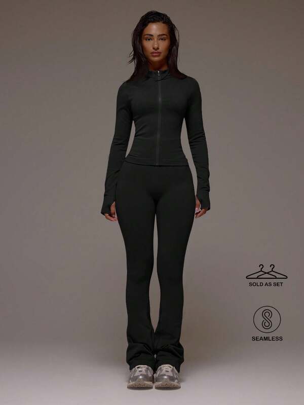 Musera Sport Zip Active BBL Jacket With Flared Scrunch Bum Leggings Set Sport Workout Gym Pilates Fitness Daily Casual Smoky Quartz