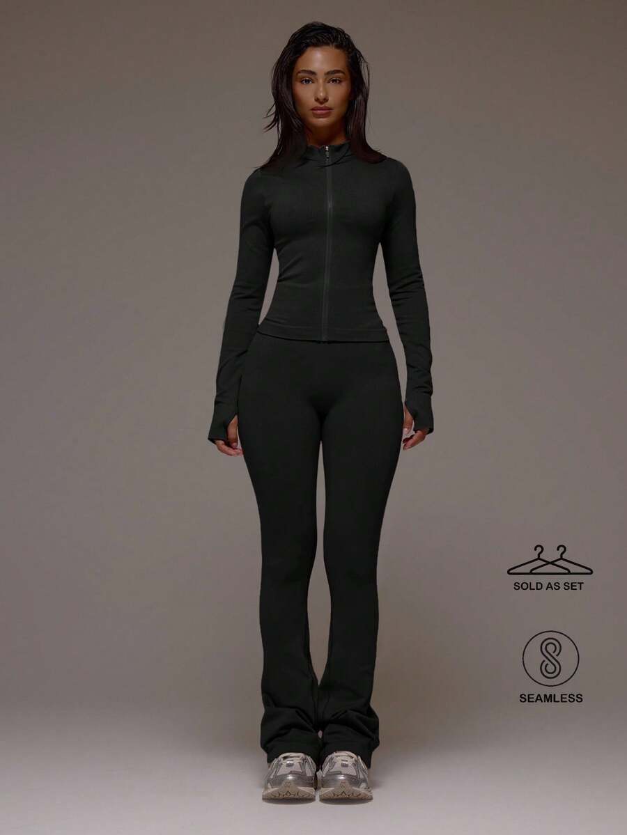 Musera Sport Zip Active BBL 夹克搭配喇叭褶皱臀部紧身裤套装 运动健身健身房普拉提日常休闲烟晶色 - 黑色 - 查看 1