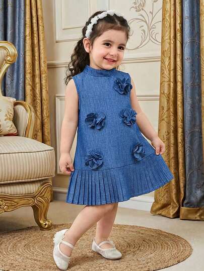 女婴花卉装饰褶皱休闲度假连衣裙