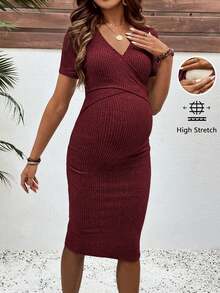Đầm ngắn tay ôm sát cổ chữ V màu trơn dành cho bà bầu và cho con bú - Rỉ Nâu - Xem 3
