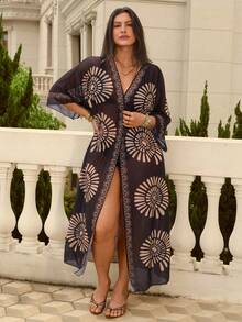 Swim Chiccia Áo kimono nữ mùa hè, kiểu dáng thường ngày, thích hợp đi biển. - màu đen - Xem 1