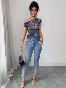 Elenzga Áo thun nữ dáng ôm, in hoa, xếp ly, kiểu dáng thường ngày. - Nhiều màu - Xem 7