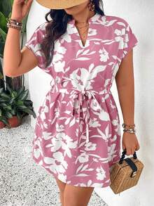 SHEIN Frenchy Summer Plus Size Vacation Batwing Sleeve V-Neck Tie Waist Dress - Pink - View 5