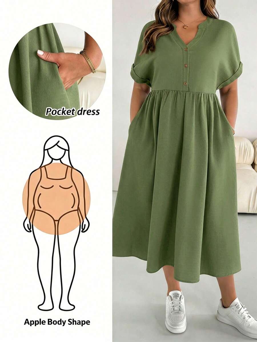 SHEIN Essnce 大码女式纯色V领褶皱休闲派对连衣裙 - 綠色 - 查看 1