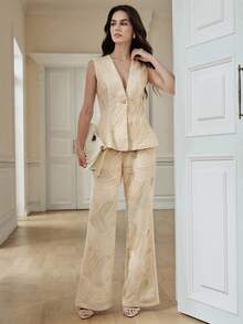 Anewsta Women's Elegant Beaded Embroidery Textured V-Neck Sleeveless Set, Summer Brunch Cream White - Beige - View 7