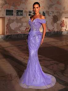 Glamrae Elegantes luxuriöses Off-Shoulder Perlen- & Pailletten-Blumen-Meerjungfrauenkleid, geeignet für Hochzeit, Party, Urlaub, Bankett (stark verziert) - Mauve - Übersicht 7
