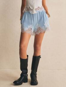 Poéselle Quần short nữ dáng rộng, cạp chun, viền ren, thích hợp mặc hàng ngày đi làm, mùa hè. - Màu xanh lam - Xem 5