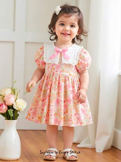 Cozy Pixies 女婴碎花撞色泡泡袖收腰连衣裙，百搭舒适