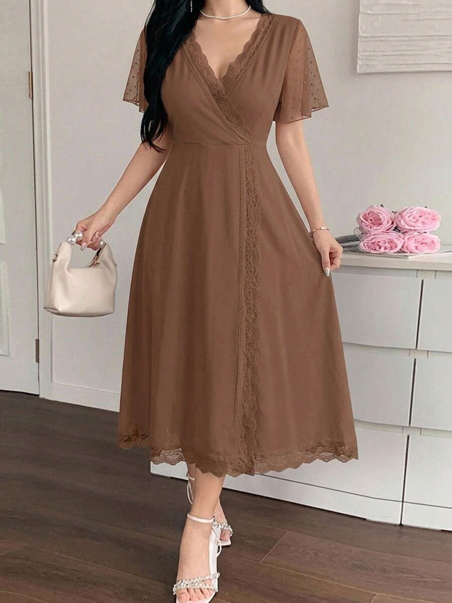 DAZY Knit Patchwork Polka Dot Mesh Lace Patchwork Waist V-Neck Women's Loungewear Dress - Brown - View 1