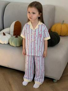 DAZY Tween Girl Striped Cherry Print Bow Decor Short Sleeve Top And Pants Pajama Set - Blue - View 2
