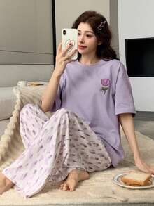 DAZY 2 Pieces Women's Printed Comfortable Loose Short Sleeve Pajama Set - Purple - View 4