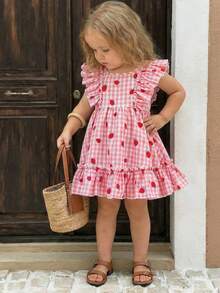 SHEIN 女婴格子草莓图案圆领荷叶边下摆休闲连衣裙 - 彩色 - 查看 2