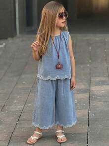 Young Girl Girls Denim Outfit, Fall Vacation - Light Wash - View 3