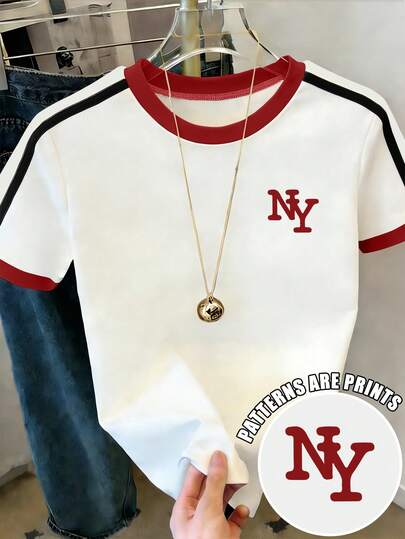 Resyla Casual T-shirt voor dames - T-shirt met kleurblokken en New York-print, lichtgewicht zomertop voor dagelijks gebruik.