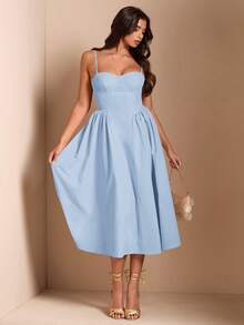 SHEIN BAE Đầm dài tay hai dây bồng bềnh thanh lịch dành cho nữ, thích hợp cho các buổi hẹn hò hàng ngày, đi chơi, hộp đêm, tiệc tùng, mùa thu. - Màu xanh nhạt - Xem 5