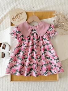 SHEIN Đầm mềm mại và dễ thương cho bé gái, đầm in hoa dáng rộng với nơ và tay phồng. - Đỏ - Xem 3