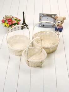 1PC Small Round Handwoven Rattan Rustic Farmhouse Multifunctional Natural Brown Flower Basket Wedding Party Romantic Home Storage Gift Packaging Woven Basket Decor - White - View 2