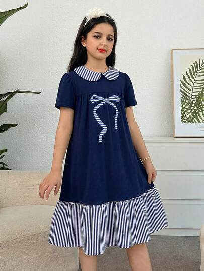 SHEIN 少女可爱蝴蝶结装饰花瓣袖连衣裙，百搭休闲日常装