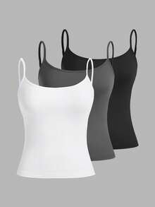 SHEIN Tall 三件套休闲吊带背心套装，百搭修身女式背心，适合夏季穿着 - 白色 - 查看 1