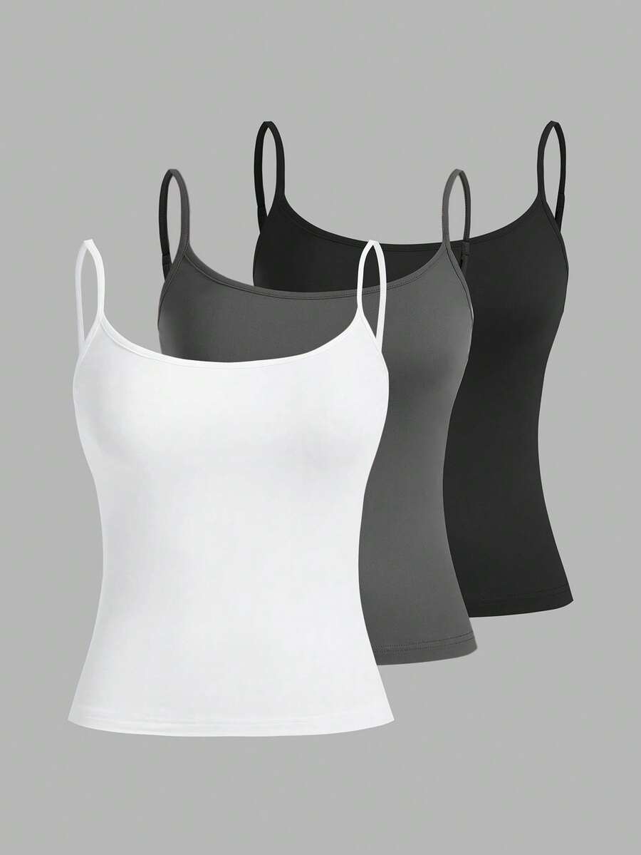 SHEIN Tall 三件套休闲吊带背心套装，百搭修身女式背心，适合夏季穿着 - 白色 - 查看 1