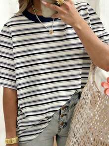EMERY ROSE 女士条纹短袖T恤，休闲户外服，可爱T恤，家居服 - 彩色 - 查看 3