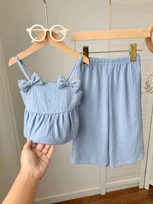 Setelan Musim Panas 2 Potong Warna Biru Muda untuk Bayi Perempuan, Atasan Tanpa Lengan Tanpa Lengan dengan Hiasan Pita dan Hem Berkerut Model A-Line serta Celana Panjang Bertekstur Tenun untuk Liburan Kasual - Biru - View 5