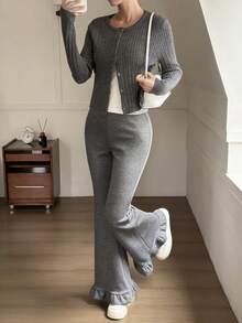 DAZY Quần ống loe nữ cạp chun, viền bèo nhún, kiểu dáng thường ngày, phối ren, màu xám. - Xám - Xem 5