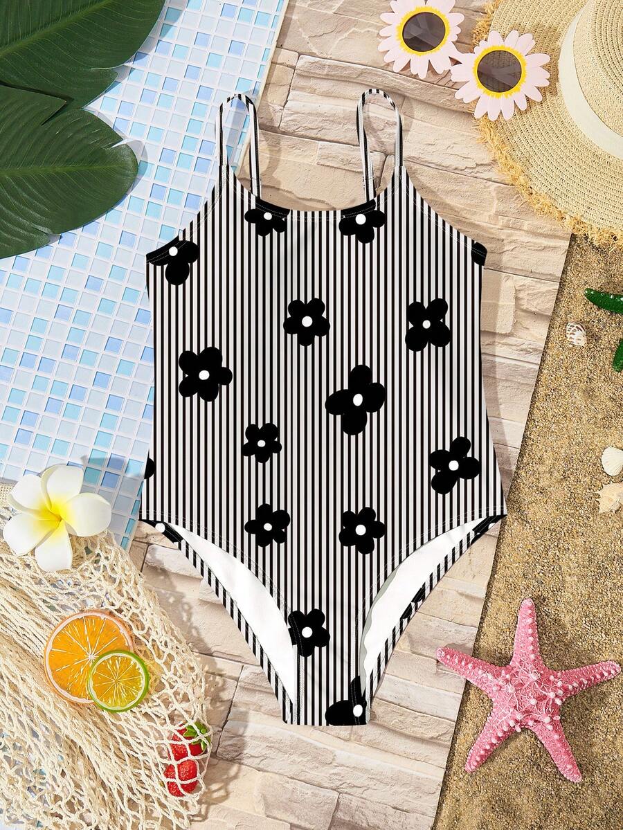 SHEIN 少女休闲简约连体泳衣，适合夏季穿着 - 彩色 - 查看 1