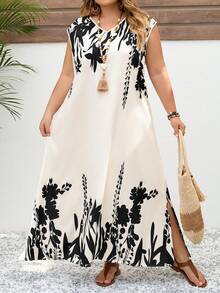 SHEIN CURVE+ Đầm nữ cỡ lớn in hoa cổ chữ V, kiểu dáng thường ngày. - Đen và trắng - Xem 4